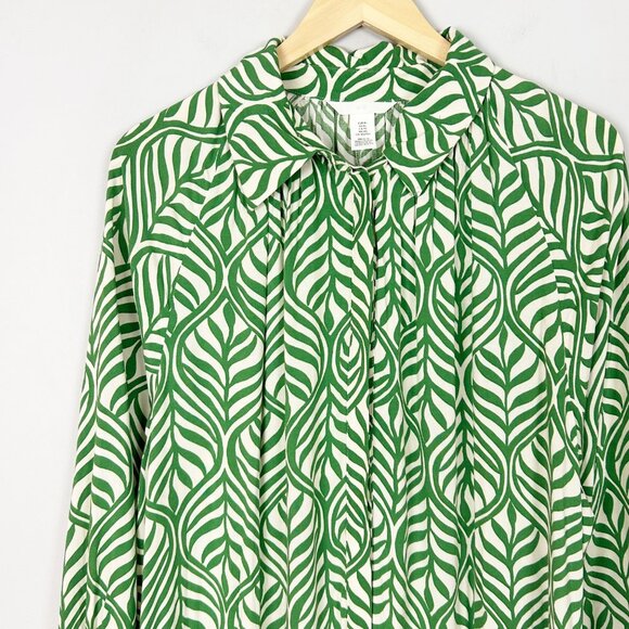 H&M Tiered Midi Dress Green Leaf Print Long Sleeve Size XL Women's - Picture 2 of 4